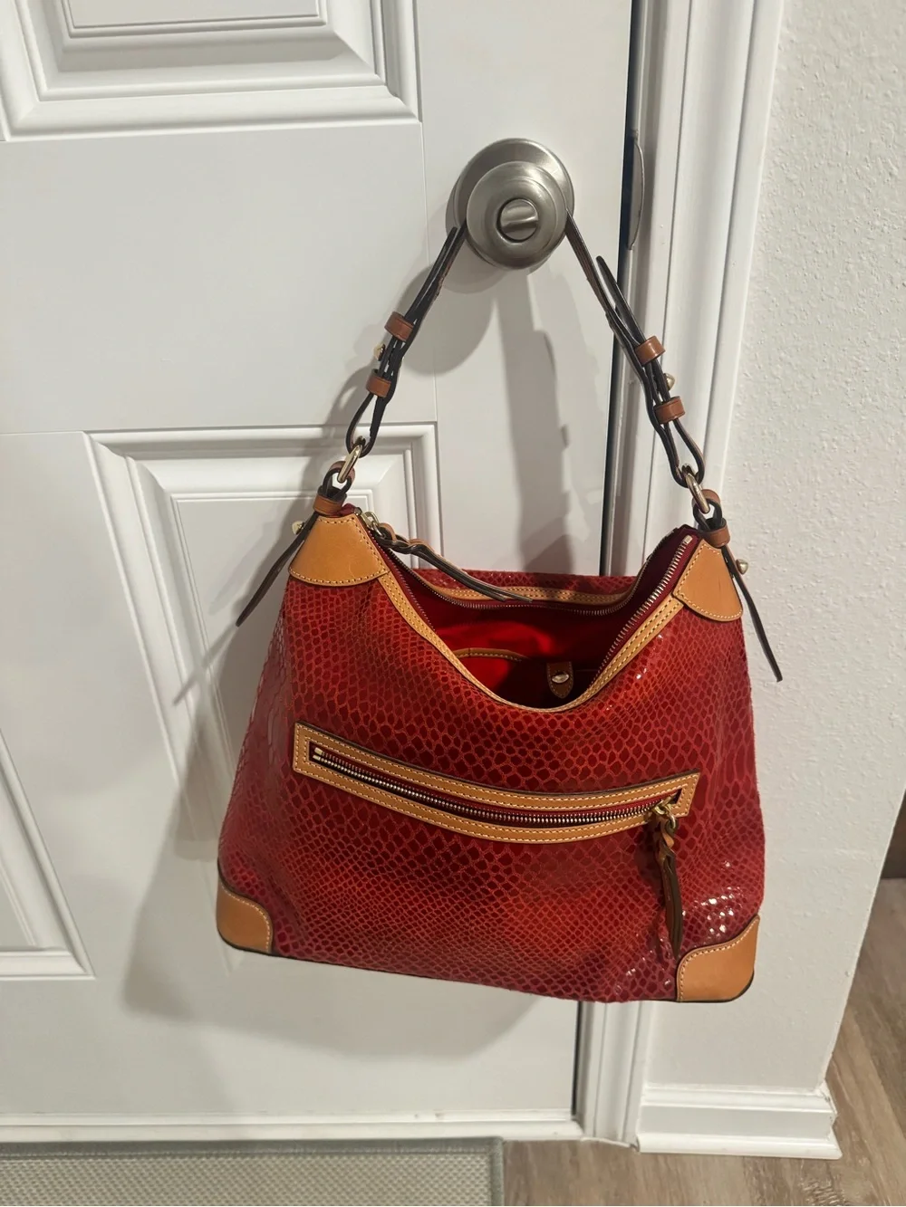 Dooney & Bourke Red Snake-Embossed Hobo with Tan Trim